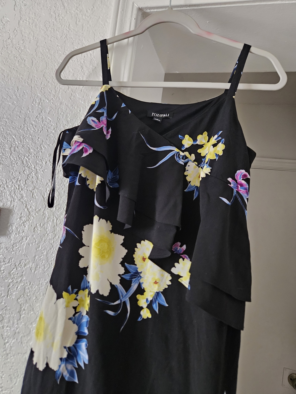 Roz & Ali Black Floral Ruffle Evening Dress with Yellow & Blue Flowers